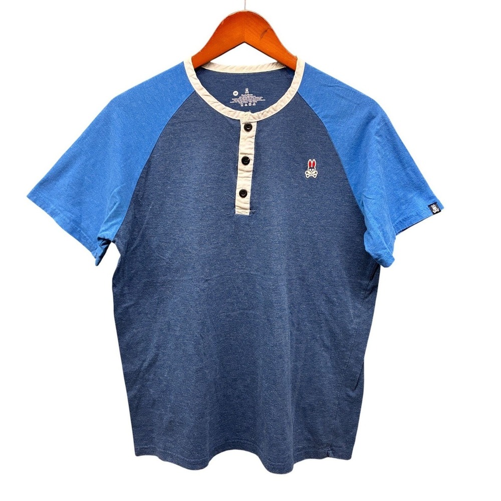 Psycho Bunny Raglan Henley Shirt Mens M Blue Colorblock Short Sleeve Athleisure